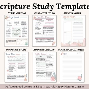 Printable and Digital Bible Study Templates. These include Verse Mapping in depth bible study, SOAP bible study, Character of the bible study, Bible Topic study, Bible Theme study and Chapter summary template. Digital Christian resources to help your spiritual growth, understand scripture and reflect on your faith.