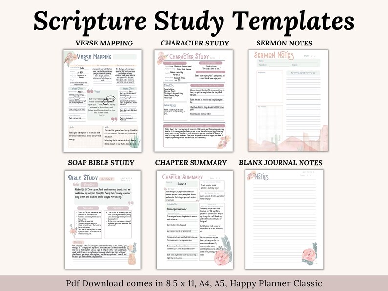Printable and Digital Bible Study Templates. These include Verse Mapping in depth bible study, SOAP bible study, Character of the bible study, Bible Topic study, Bible Theme study and Chapter summary template. Digital Christian resources to help your spiritual growth, understand scripture and reflect on your faith.