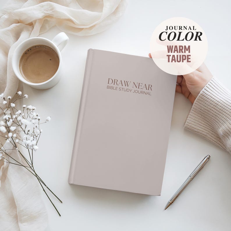Minimalist 6x9 Guided Bible Study Journal for Christian women with the “Draw Near Bible Study Journal” cover design. Available in hardcover, softcover, and spiral bound options. A faith journal with scripture prompts for daily quiet time, small group study, or church ministry. Elegant Christian notebook for women seeking a simple, structured way to study God’s Word.
