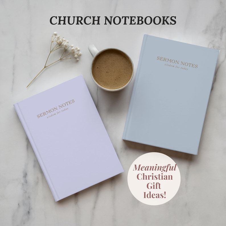Minimalist Sermon Notes Journal styled on a desk with pen and Bible. Christian faith notebook used for sermon notes, reflection, and weekly Bible study. Perfect for church small groups, Christmas gifts, or faith-based journaling. Ideal gift for Christian women or teen girls growing in their walk with God.