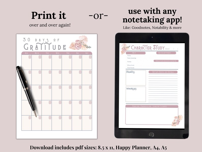 Printable and Digital Bible Study Templates. These include Verse Mapping in depth bible study, SOAP bible study, Character of the bible study, Bible Topic study, Bible Theme study and Chapter summary template. Digital Christian resources to help your spiritual growth, understand scripture and reflect on your faith. Christian reflection pages like Prayer Tracker, Memory verse tracker, daily gratitude journal and more spiritual reflection planning pages.