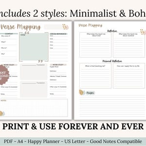 Beginner Bible Study Workbook Templates in PDF format. Includes SOAP Bible Study Template, Verse Mapping, Thematic, Topical, Character Study, and Bible Chapter Summary. Great for women and teens as a Christian gift idea, devotional guide, or faith planner insert. Use for daily devotional notes, journaling, and scripture application. Printable Christian resource works with Goodnotes, Notability, and instant download.