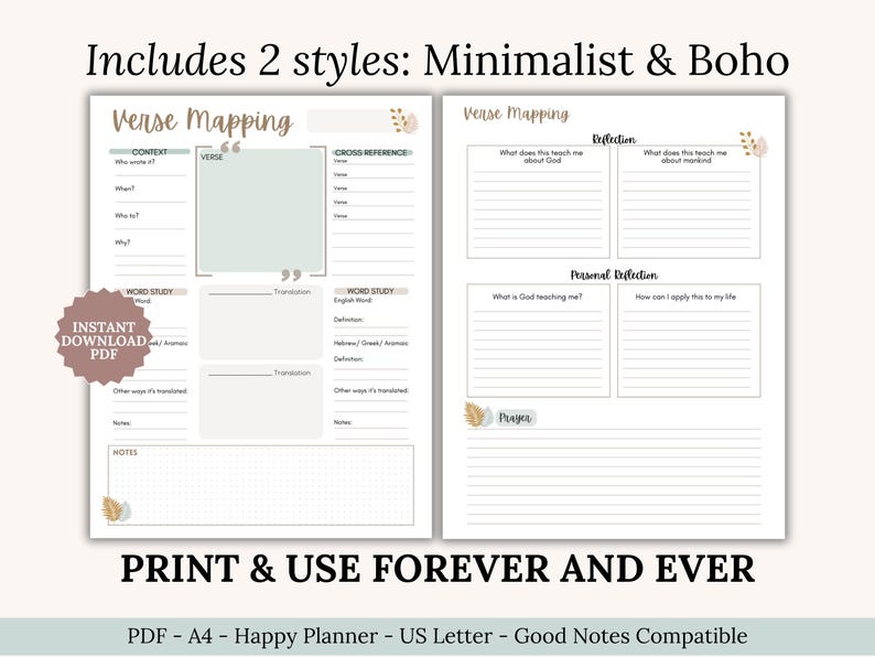 Beginner Bible Study Workbook Templates in PDF format. Includes SOAP Bible Study Template, Verse Mapping, Thematic, Topical, Character Study, and Bible Chapter Summary. Great for women and teens as a Christian gift idea, devotional guide, or faith planner insert. Use for daily devotional notes, journaling, and scripture application. Printable Christian resource works with Goodnotes, Notability, and instant download.