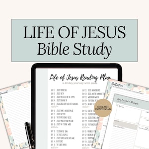Life of Jesus Bible Study Printable PDF with 40-day Gospel reading plan and matching Bible study templates. Perfect for Lent devotional or Easter Bible study, this Christian workbook includes reflection pages, journaling templates, and a reading tracker. Great for women of faith, small groups, or as a Christian gift for Easter.
