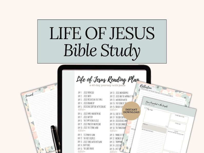 Life of Jesus Bible Study Printable PDF with 40-day Gospel reading plan and matching Bible study templates. Perfect for Lent devotional or Easter Bible study, this Christian workbook includes reflection pages, journaling templates, and a reading tracker. Great for women of faith, small groups, or as a Christian gift for Easter.