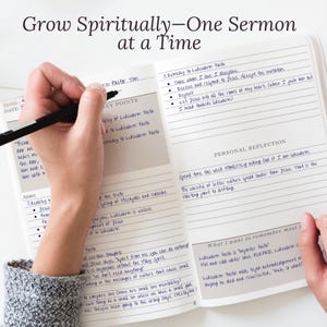 Open page from the Sermon Notes Journal showing structured spaces for sermon title, date, Scripture reference, insights, and application. Designed for Christian women who want to stay engaged during church and deepen Bible study. Makes a meaningful Christmas, Easter, or confirmation gift.