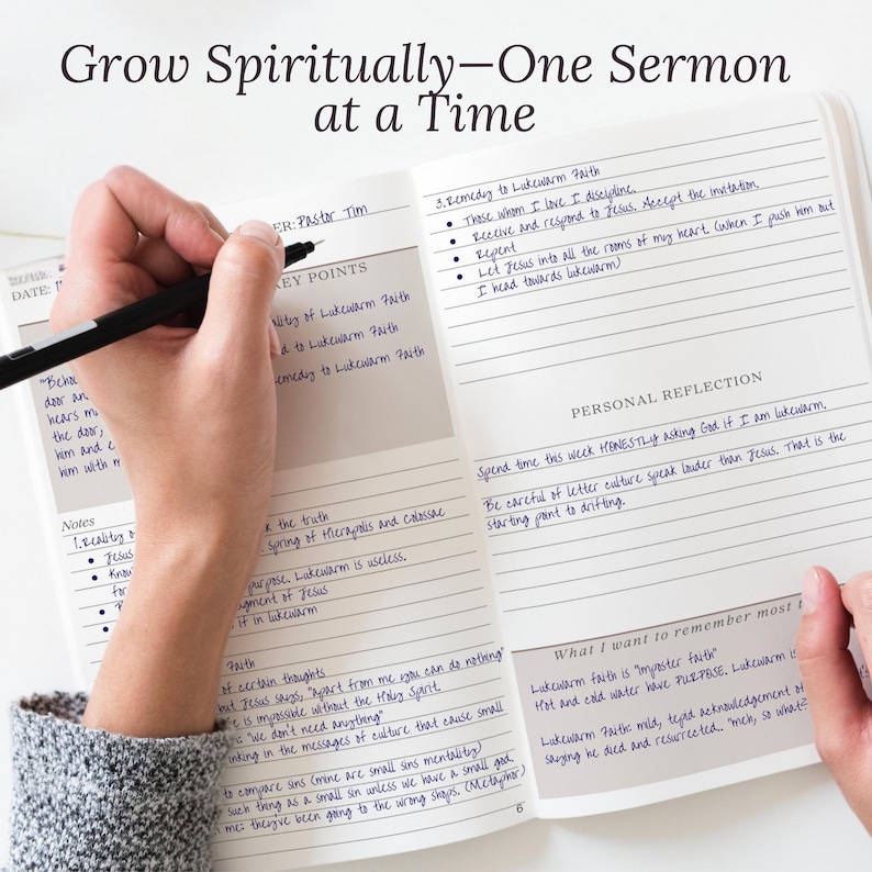 Open page from the Sermon Notes Journal showing structured spaces for sermon title, date, Scripture reference, insights, and application. Designed for Christian women who want to stay engaged during church and deepen Bible study. Makes a meaningful Christmas, Easter, or confirmation gift.