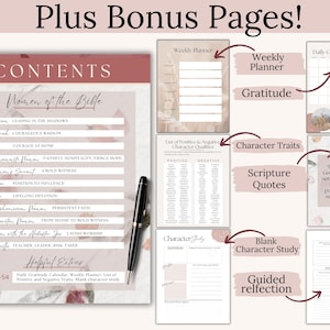 Printable devotional for women of faith highlighting courageous women of the Bible. This instant PDF download includes a Women of the Bible Reflection Journal, daily devotional planner pages, and character study templates. A versatile Bible Study Workbook for women’s small group or personal quiet time, and a meaningful Christian gift for women.