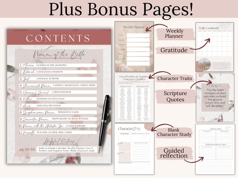 Printable devotional for women of faith highlighting courageous women of the Bible. This instant PDF download includes a Women of the Bible Reflection Journal, daily devotional planner pages, and character study templates. A versatile Bible Study Workbook for women’s small group or personal quiet time, and a meaningful Christian gift for women.