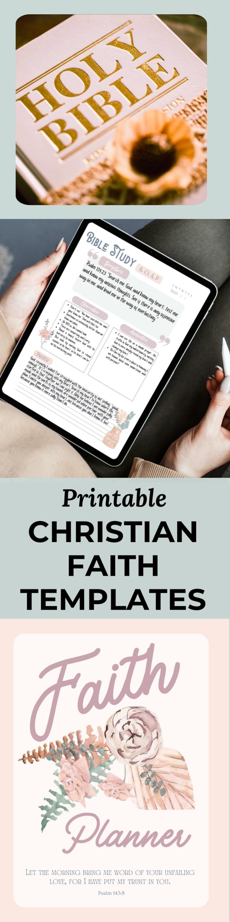 Printable and Digital Bible Study Templates. These include Verse Mapping in depth bible study, SOAP bible study, Character of the bible study, Bible Topic study, Bible Theme study and Chapter summary template. Digital Christian resources to help your spiritual growth, understand scripture and reflect on your faith. Christian reflection pages like Prayer Tracker, Memory verse tracker, daily gratitude journal and more spiritual reflection planning pages.