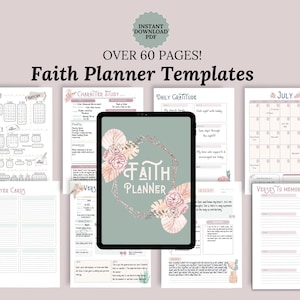 A photo of some of the pages in included in the Christian Faith Planner bundle. Shows photo of Bible Study Templates, SOAP bible Study, verse mapping, Bible reading tracker, Gratitude template, Scripture quote and prayer request tracker.