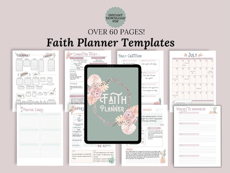 A photo of some of the pages in included in the Christian Faith Planner bundle. Shows photo of Bible Study Templates, SOAP bible Study, verse mapping, Bible reading tracker, Gratitude template, Scripture quote and prayer request tracker.