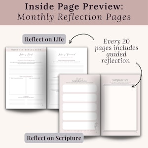 Monthly reflection spread from the Guided Bible Study Journal with simple prompts to help Christian women look back on their spiritual growth every 20 study pages. A thoughtful faith journal addition ideal for small group study, church ministry, and devotional routines. Encourages consistent reflection and deeper Scripture engagement.