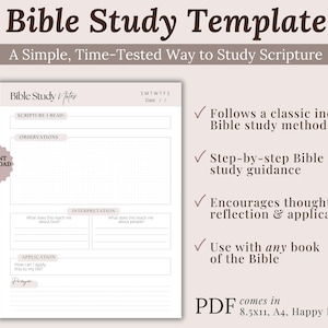 Printable Bible study journal template featuring a simple, elegant layout for studying Scripture. The page includes space for reading the passage, making observations, reflecting on meaning, applying biblical truth, and writing a prayer. A calm, faith-based resource for Christian women seeking a focused Bible study routine.