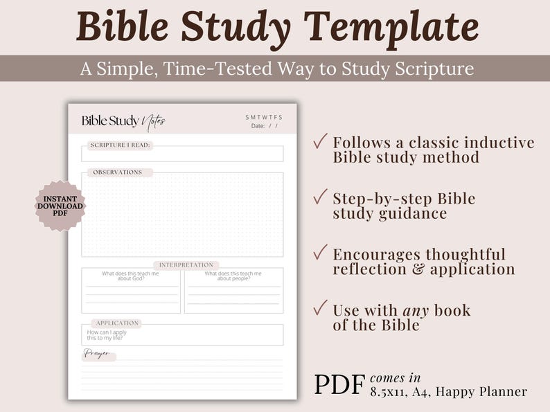 Printable Bible study journal template featuring a simple, elegant layout for studying Scripture. The page includes space for reading the passage, making observations, reflecting on meaning, applying biblical truth, and writing a prayer. A calm, faith-based resource for Christian women seeking a focused Bible study routine.