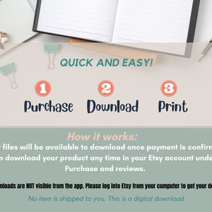 May include: A digital download graphic with instructions on how to purchase, download, and print a digital product. The graphic features a light blue background with white text and three numbered steps: 1. Purchase, 2. Download, 3. Print. The graphic also includes the text "Quick and Easy!" and "How it works:" with instructions on how to download the product.