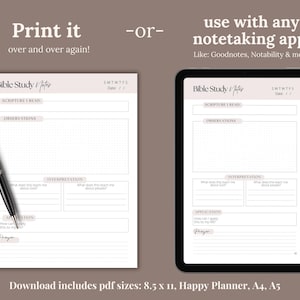 Digital Bible study journal template with a clean printable worksheet layout for inductive Bible study. Features dedicated sections for Scripture notes, observations, interpretation, application, and prayer. A simple, faith-based resource for Christian women to study the Bible with clarity, purpose, and focus.