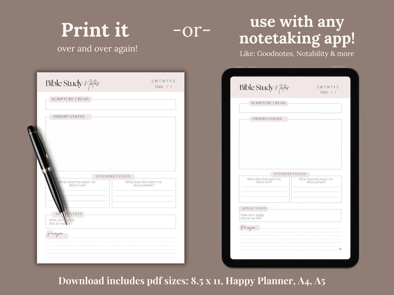 Digital Bible study journal template with a clean printable worksheet layout for inductive Bible study. Features dedicated sections for Scripture notes, observations, interpretation, application, and prayer. A simple, faith-based resource for Christian women to study the Bible with clarity, purpose, and focus.