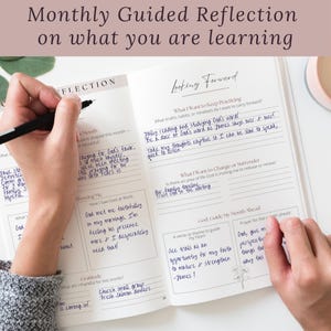 Open two-page interior mockup of the Guided Bible Study Journal showing clean, structured study pages for daily quiet time. Christian women’s Bible study notebook with organized scripture prompts, reflection space, and room for prayers. A perfect faith tool for small groups and church Bible study programs.