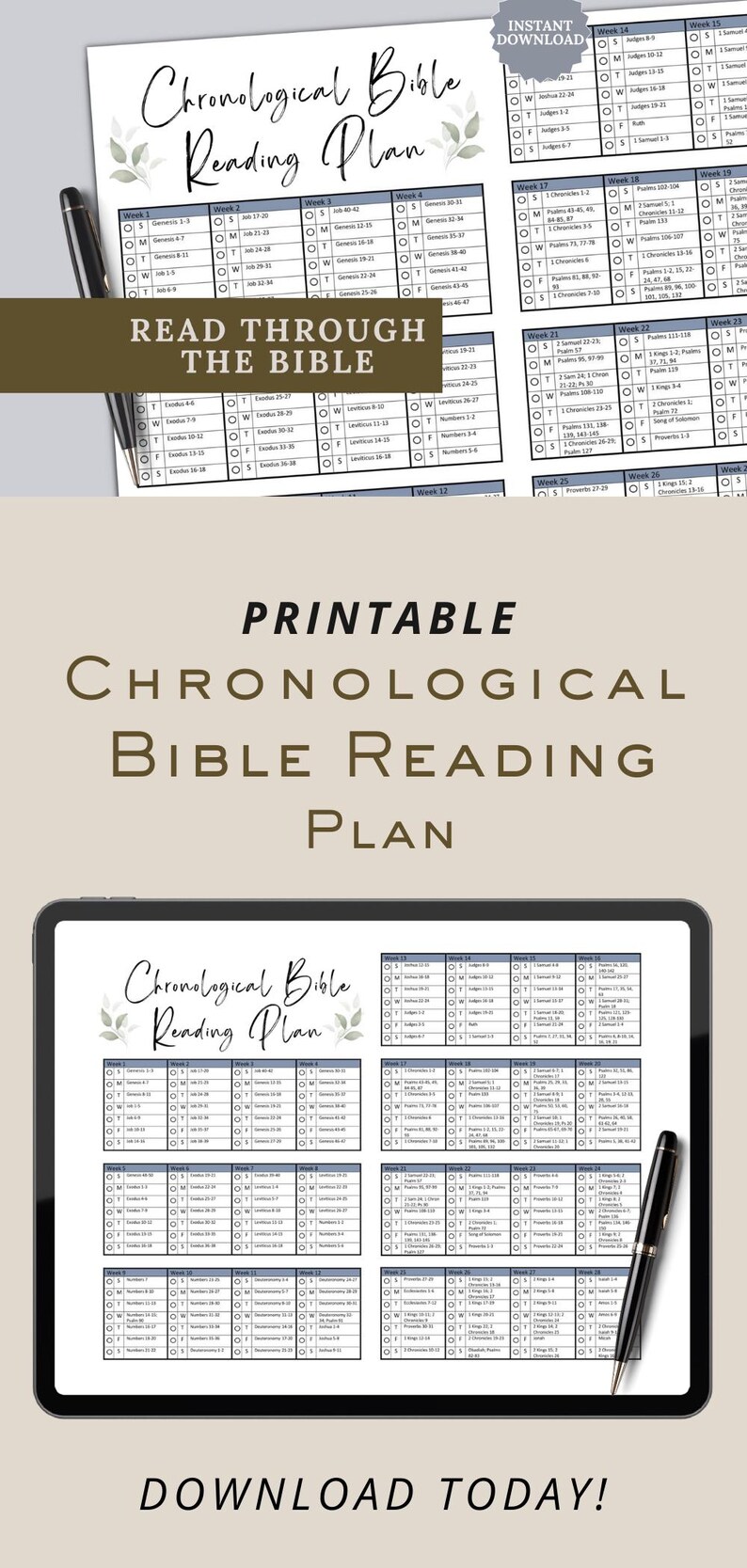 Christian Bible Reading Plan and Tracker featuring a chronological layout for reading the Bible in a year. Downloadable scripture guide includes checkboxes, weekly sections, and study prompts. Perfect for printable planners, faith journals, and church devotionals.