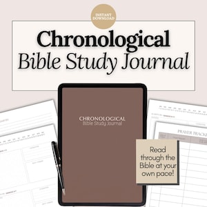 May include: A digital download featuring a "Chronological Bible Study Journal" with a brown cover. The image includes loose-leaf pages for notes, a prayer tracker, and a pen. Text reads "Read through the Bible at your own pace!"