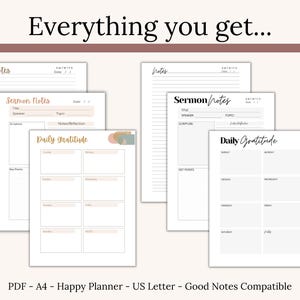 Faith-based Sermon Notes Template with daily gratitude section. Printable PDF resource for Christian women and teens. Record sermon date, speaker, key points, and Scripture. Includes minimalist and boho styles. Perfect devotional guide, Bible study insert, or Christian gift idea. Works digitally with Goodnotes or Notability or as planner inserts.