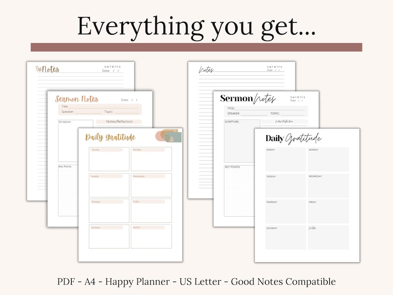 Faith-based Sermon Notes Template with daily gratitude section. Printable PDF resource for Christian women and teens. Record sermon date, speaker, key points, and Scripture. Includes minimalist and boho styles. Perfect devotional guide, Bible study insert, or Christian gift idea. Works digitally with Goodnotes or Notability or as planner inserts.