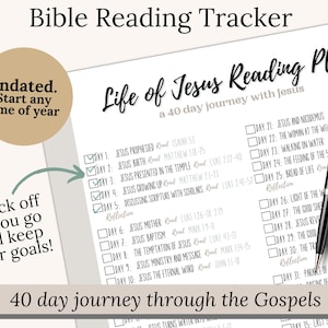 Printable Life of Jesus Bible Study Workbook for women featuring 40 days of Gospel readings, guided study templates, reflection pages, and journal prompts. Ideal for Lent devotional or Easter Bible study. A Christian gift for women of faith, small groups, or personal quiet time. PDF format, instant download for easy use.