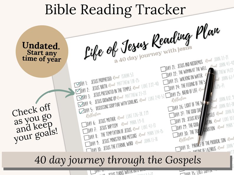 Printable Life of Jesus Bible Study Workbook for women featuring 40 days of Gospel readings, guided study templates, reflection pages, and journal prompts. Ideal for Lent devotional or Easter Bible study. A Christian gift for women of faith, small groups, or personal quiet time. PDF format, instant download for easy use.