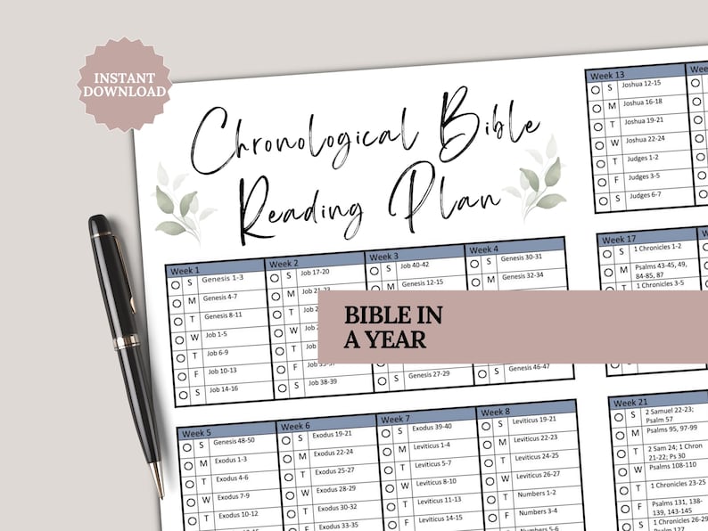 Chronological Bible in a Year Reading Plan printable PDF with a clean, minimal design. This undated Bible study and scripture guide helps you read through the Bible in the order events occurred. Perfect for daily devotion, personal study, or church resource use. Instant download reading tracker available in 8.5x11, A4, and Happy Planner Classic sizes.