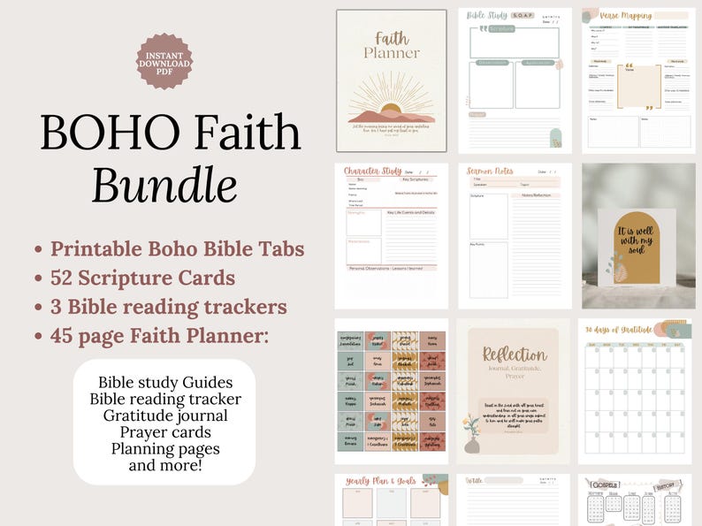 Christian Study Materials Boho Faith Planner Bible Study Templates Reflection Worksheets Chronological Bible Reading Plan Scripture Cards Women’s Daily Devotional Resource