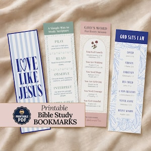 May include: Four rectangular paper bookmarks featuring religious text and designs. One has blue stripes and the text Love Like Jesus. Another lists scripture study steps. A third features roses and verses. The fourth lists affirmations with floral line art.