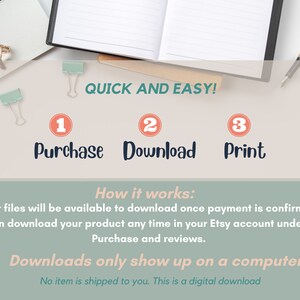 May include: A digital download graphic with instructions on how to purchase, download, and print a digital product. The graphic features a white background with three steps outlined in blue and red circles. The text "QUICK AND EASY!" is in black text at the top of the graphic. The text "How it works:" is in black text below the steps. The text "Your files will be available to download once payment is confirmed. You can download your product any time in your Etsy account under You > Purchase and reviews." is in black text below the "How it works:" text. The text "Downloads only show up on a computer" is in black text below the previous text. The text "No item is shipped to you. This is a digital download" is in black text below the previous text.