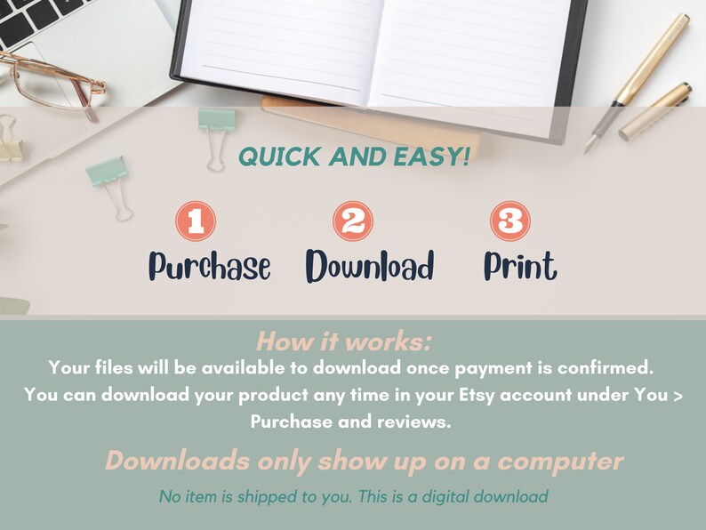 May include: A digital download graphic with instructions on how to purchase, download, and print a digital product. The graphic features a white background with three steps outlined in blue and red circles. The text "QUICK AND EASY!" is in black text at the top of the graphic. The text "How it works:" is in black text below the steps. The text "Your files will be available to download once payment is confirmed. You can download your product any time in your Etsy account under You > Purchase and reviews." is in black text below the "How it works:" text. The text "Downloads only show up on a computer" is in black text below the previous text. The text "No item is shipped to you. This is a digital download" is in black text below the previous text.