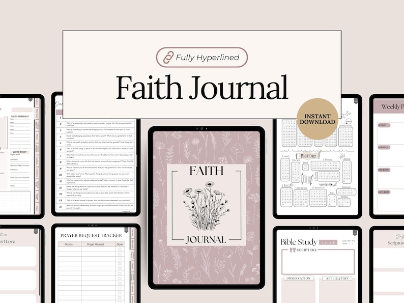Hyperlinked Digital Faith Journal for Christian women. Interactive PDF for GoodNotes and Notability with Bible study templates SOAP and verse mapping prayer journal pages gratitude logs sermon notes prayer trackers memory verses and spiritual goals. Instant download Christian planner for daily devotional and spiritual growth.