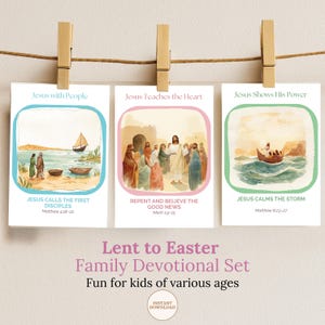 May include: Three illustrated cards with biblical scenes, held by wooden clips on a string. The cards feature watercolor images of Jesus with people, teaching, and calming a storm. Text includes "Lent to Easter Family Devotional Set" and "Fun for kids of various ages."