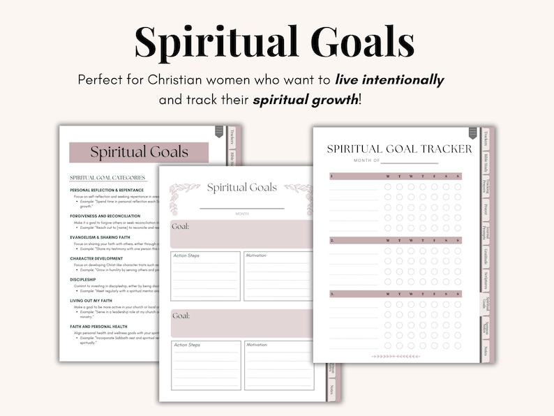Christian digital faith journal PDF with fully hyperlinked tabs. Includes prayer journal pages ACTS and PRAY methods 52 prayer themes Bible study templates gratitude trackers sermon notes and reflection prompts. Designed for GoodNotes Notability or print. Ideal for women of faith and small group use.