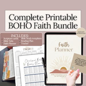 Boho Faith Planner Printable Bible study templates scripture cards prayer journal Bible reading trackers Christian gift printable Bible Tabs
