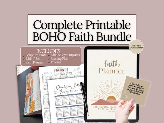 Boho Faith Planner Printable Bible study templates scripture cards prayer journal Bible reading trackers Christian gift printable Bible Tabs