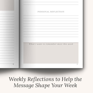 Inside pages of a Christian Sermon Notes Journal showing guided sections for Scripture, Key Points, personal reflections, and weekly application. Ideal for Sunday church, small groups, and Bible study. Helps women stay focused during sermons and revisit spiritual growth. Great Christian gift idea for holidays, Easter, or Christmas.