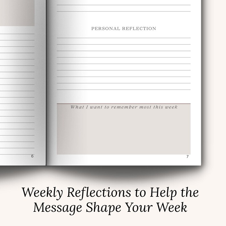Inside pages of a Christian Sermon Notes Journal showing guided sections for Scripture, Key Points, personal reflections, and weekly application. Ideal for Sunday church, small groups, and Bible study. Helps women stay focused during sermons and revisit spiritual growth. Great Christian gift idea for holidays, Easter, or Christmas.
