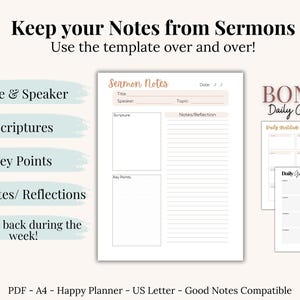 Printable Sermon Notes and Daily Gratitude Journal Template PDF. Designed for Christian women and teens, this devotional tool includes Scripture reflection and note-taking sections in boho and minimalist styles. Perfect for Sunday church, small groups, or personal devotions. Instant download. Compatible with Goodnotes, Notability, or print at home.