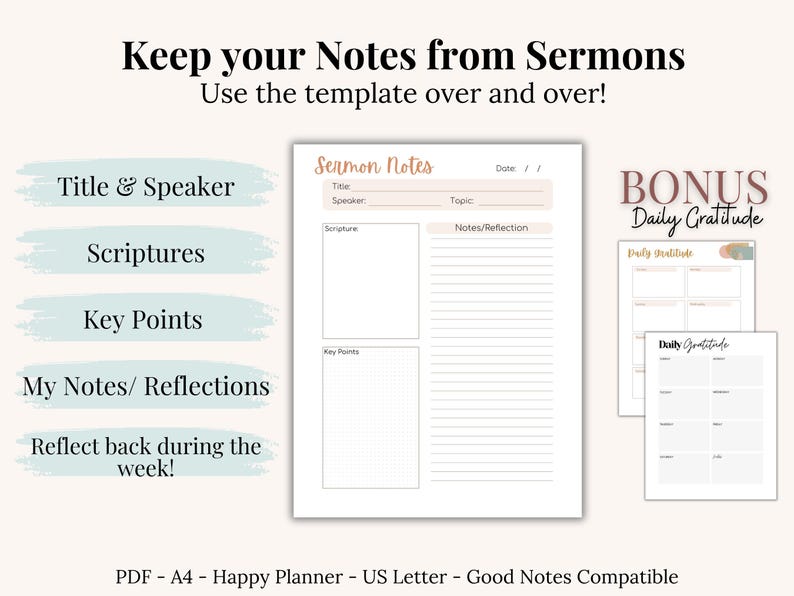 Printable Sermon Notes and Daily Gratitude Journal Template PDF. Designed for Christian women and teens, this devotional tool includes Scripture reflection and note-taking sections in boho and minimalist styles. Perfect for Sunday church, small groups, or personal devotions. Instant download. Compatible with Goodnotes, Notability, or print at home.