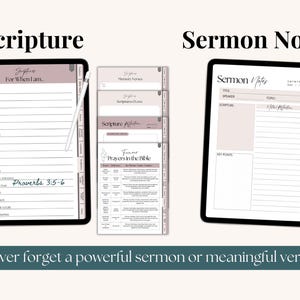 Hyperlinked Digital Faith Journal for Christian women. Interactive PDF for GoodNotes and Notability with Bible study templates SOAP and verse mapping prayer journal pages gratitude logs sermon notes prayer trackers memory verses and spiritual goals. Instant download Christian planner for daily devotional and spiritual growth.