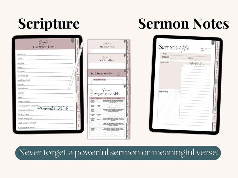 Hyperlinked Digital Faith Journal for Christian women. Interactive PDF for GoodNotes and Notability with Bible study templates SOAP and verse mapping prayer journal pages gratitude logs sermon notes prayer trackers memory verses and spiritual goals. Instant download Christian planner for daily devotional and spiritual growth.