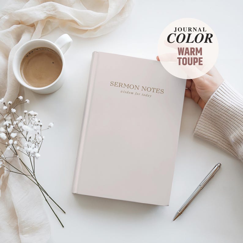 A minimalist Christian Sermon Notes Journal for women featuring “Church Notes” on the cover. Perfect for taking sermon notes, scripture reflections, and small group Bible study. A thoughtful Christian gift for Christmas, birthdays, confirmation, or religious holidays. Modern faith notebook design to help you stay engaged and grow spiritually.