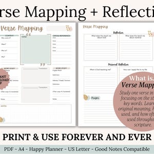 Printable Bible Study Templates and Devotional Guide PDF featuring SOAP, Verse Mapping, Thematic, Topical, Character, and Chapter Summary methods. A beginner Bible study tool for women and teens who want to deepen faith through scripture notes. Perfect Christian gift idea, planner insert, or small group resource. Printable Christian resource for daily devotional use. Instant download for Goodnotes or Notability.