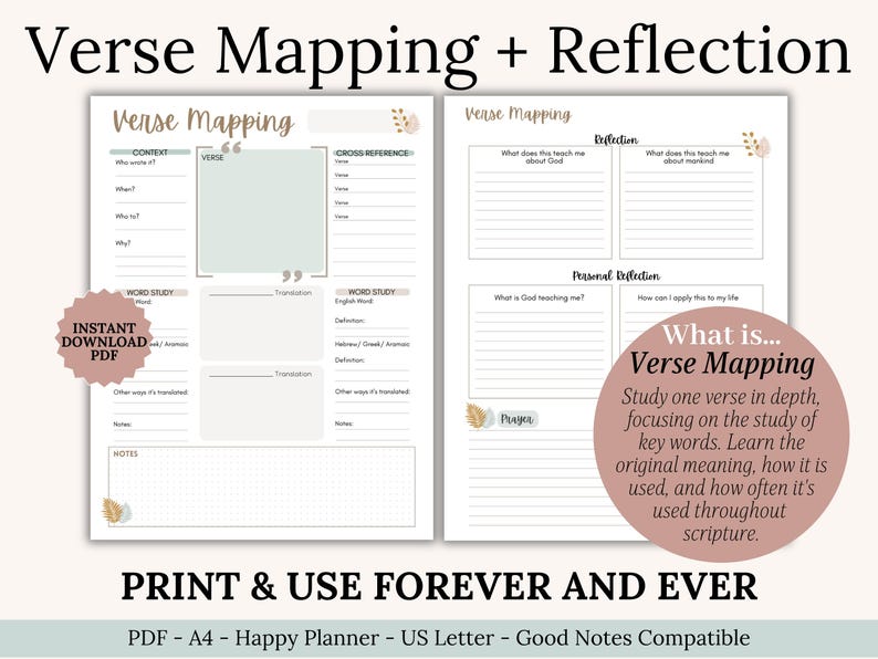 Printable Bible Study Templates and Devotional Guide PDF featuring SOAP, Verse Mapping, Thematic, Topical, Character, and Chapter Summary methods. A beginner Bible study tool for women and teens who want to deepen faith through scripture notes. Perfect Christian gift idea, planner insert, or small group resource. Printable Christian resource for daily devotional use. Instant download for Goodnotes or Notability.