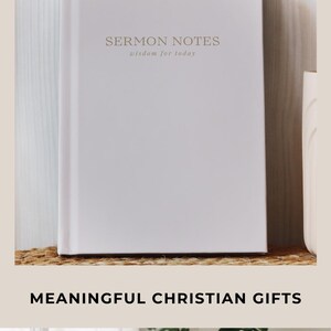 A minimalist Christian Sermon Notes Journal for women featuring “Church Notes” on the cover. Perfect for taking sermon notes, scripture reflections, and small group Bible study. A thoughtful Christian gift for Christmas, birthdays, confirmation, or religious holidays. Modern faith notebook design to help you stay engaged and grow spiritually.