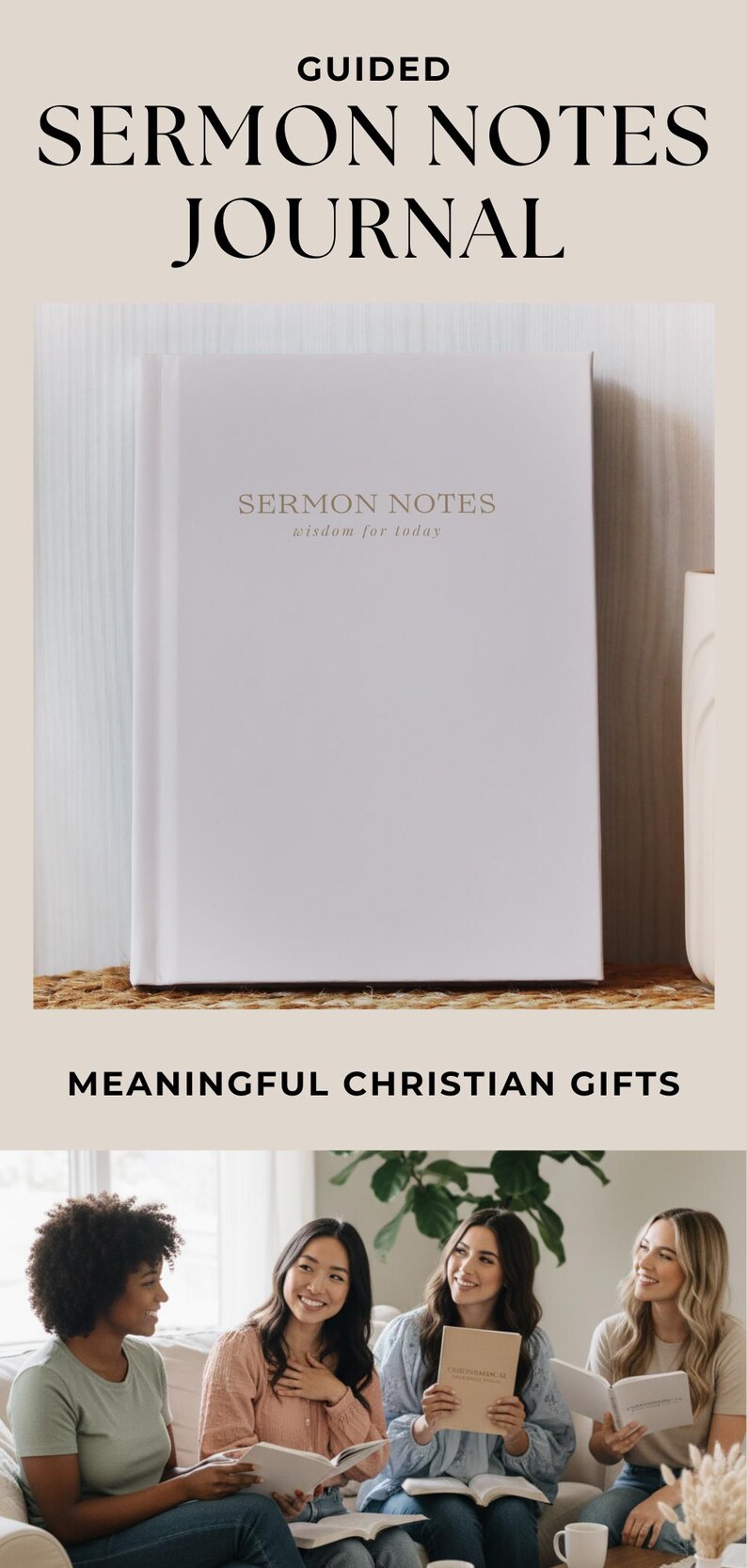A minimalist Christian Sermon Notes Journal for women featuring “Church Notes” on the cover. Perfect for taking sermon notes, scripture reflections, and small group Bible study. A thoughtful Christian gift for Christmas, birthdays, confirmation, or religious holidays. Modern faith notebook design to help you stay engaged and grow spiritually.